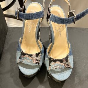 Jessica Simpson Blue Denim Floral Platform Sandals